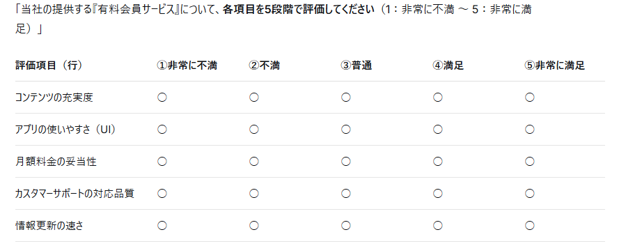 マトリクス形式の設問例　選択画面